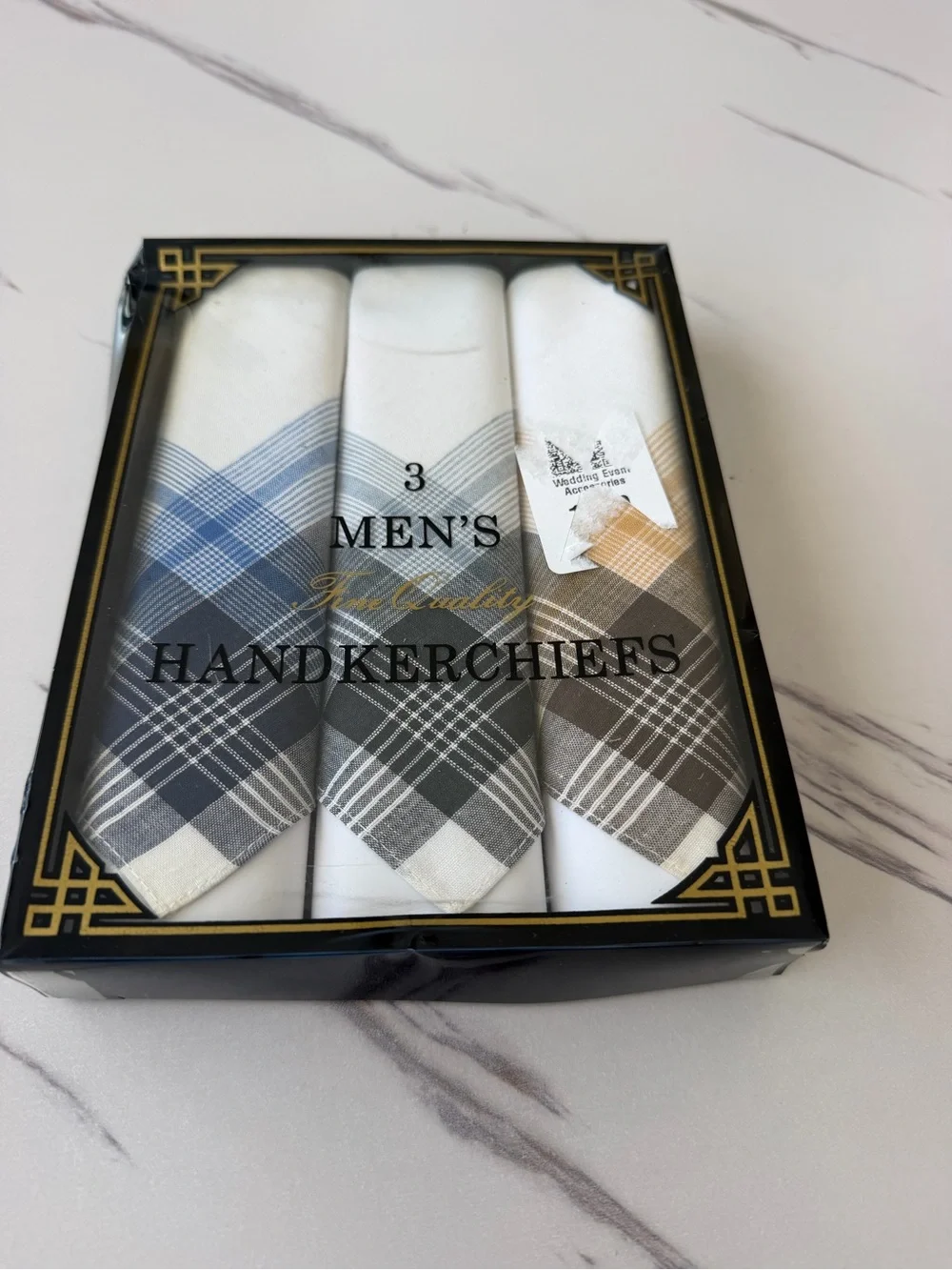 3 Pack Men’s Plaid Corner Handkerchiefs - White with Blue, Gray, Brown Plaids